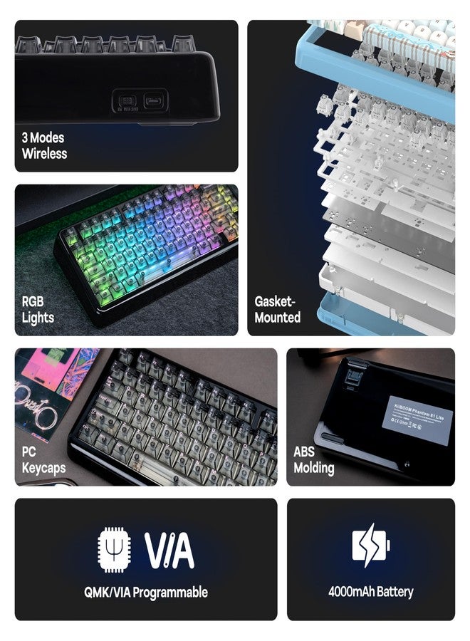 KiiBOOM Phantom81 Lite 75% Gasket Mechanical Keyboard, QMK&VIA Programmable, 3 Modes Wireless Gaming Keyboard, RGB Backlights, ABS Case + UV Tech, Hot-Swappable for Windows/Mac/Linux (Black) - Image 3