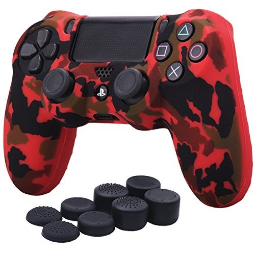 YoRHa Water Transfer Printing Camouflage Silicone Cover Skin Case for Sony PS4/slim/Pro Dualshock 4 Controller x 1(red) with Pro Thumb Grips x 8 - Image 1