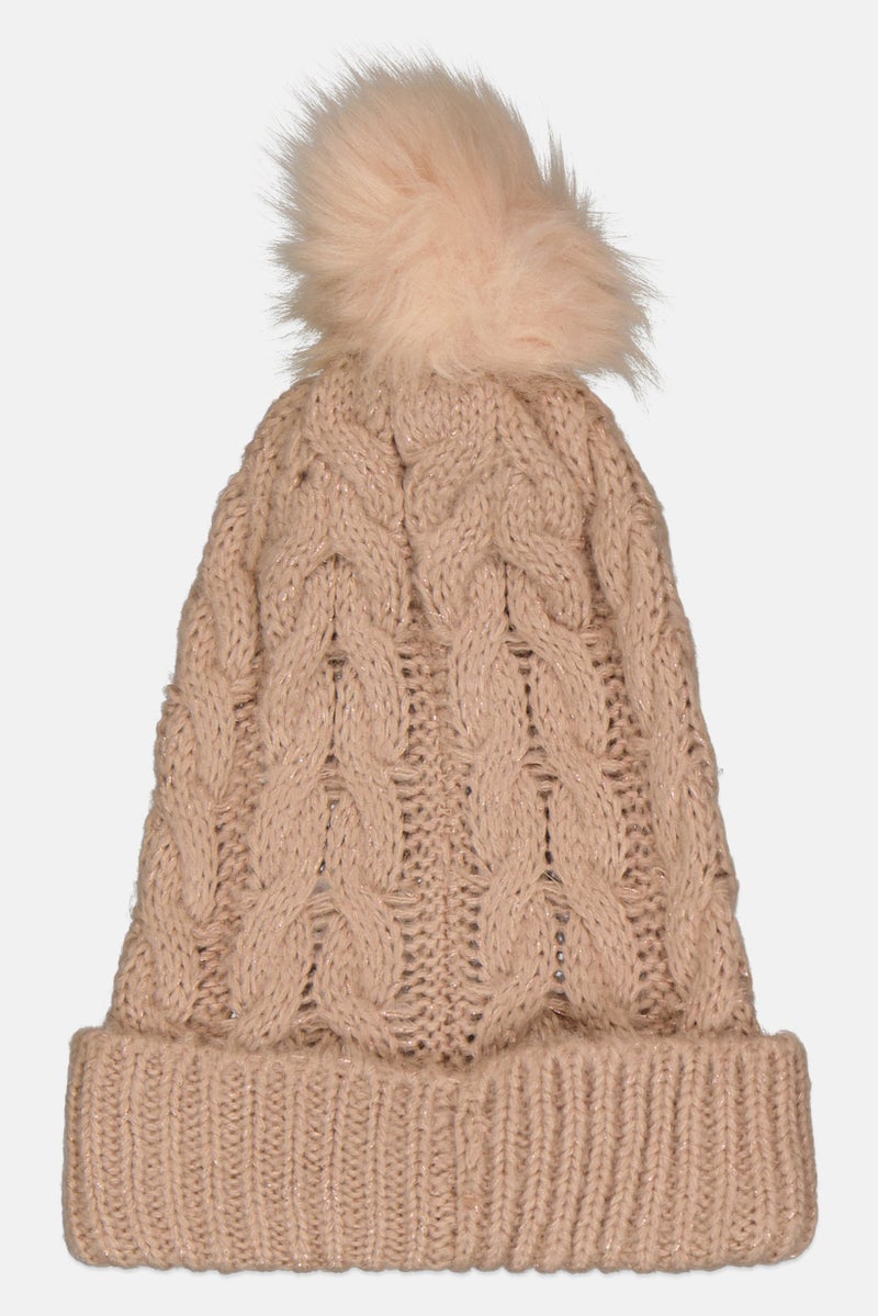 Adrienne Landau Women Textured Pom-Pom Beanie, Beige - Image 2
