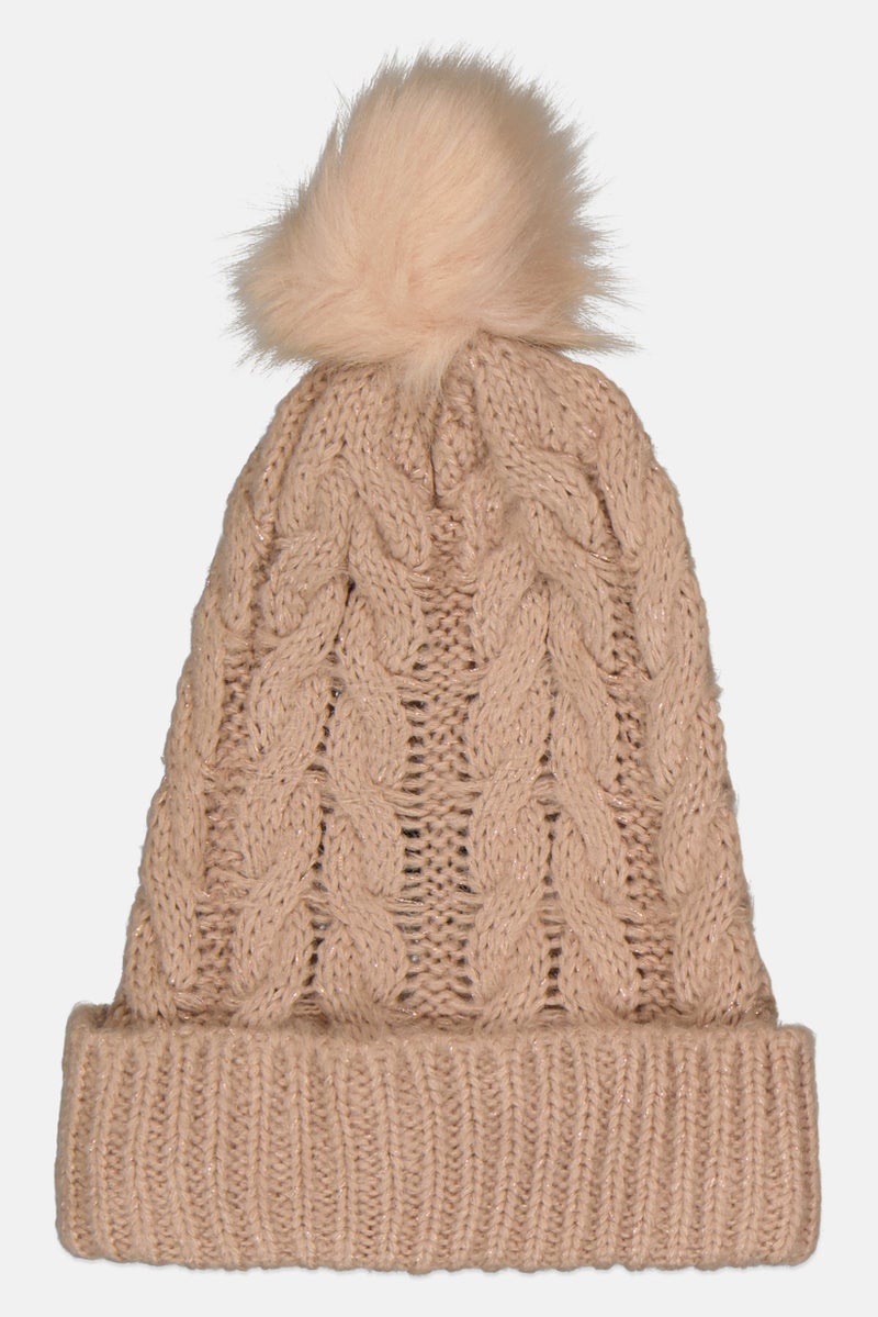 Adrienne Landau Women Textured Pom-Pom Beanie, Beige - Image 1
