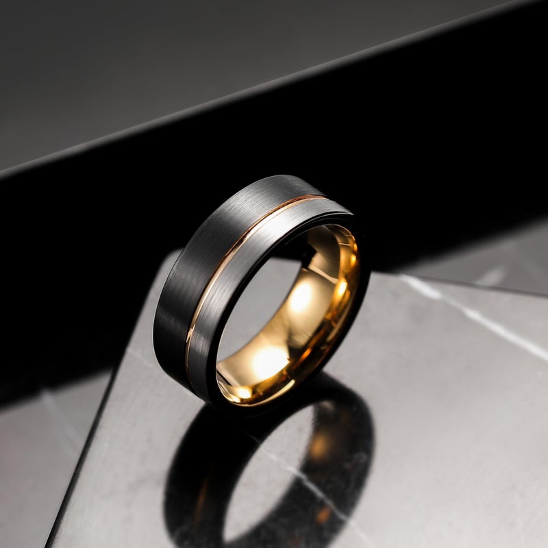 King Will Tungsten Carbide Wedding Band 8mm Rose Gold Line Ring Black and Silver Brushed Comfort Fit13.5 - Image 2