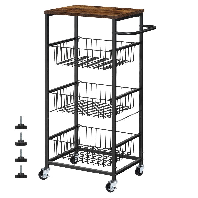 Kitchen Storage Cart on Wheels 4 Tier Utility Rolling Cart with Baskets Farmhouse Serving Cart with Handle Mesh Basket Pantry Cart Rack with Wooden Tabletop for Pantry Bathroom Office Brown