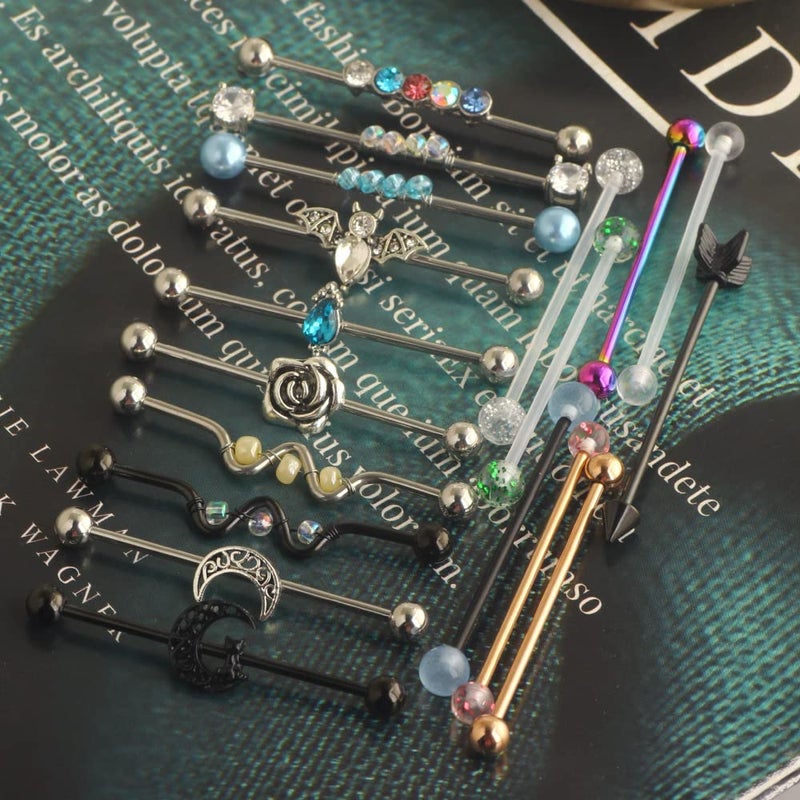 Suotarn 14G Industrial Piercing Jewelry For Women Men Stainless Steel 38 Industrial Barbell Long Cartilage Helix Conch Earrings Stud 14G Gauges Industrial Jewelry Butterfly Heart Cool 18pcs (mix 18pcs) - Image 4
