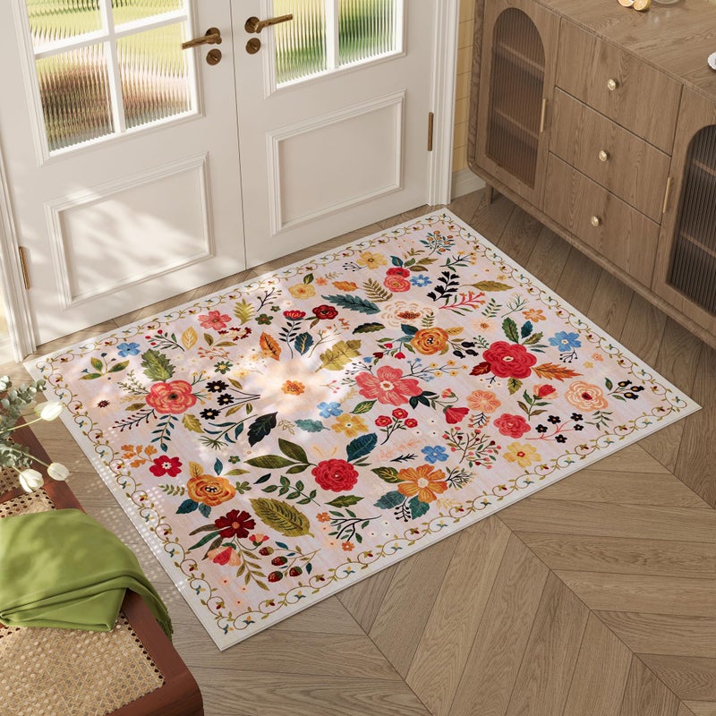 Rugcomf Door Mat Indoor Entrance 2x3 Rug Machine Washable Boho Floral Small Area Rug Non-Slip Low Pile Throw Rugs for Entryway, Kitchen, Front Door Indoor Entrance, Entry, Kids Room (Beige) - Image 1