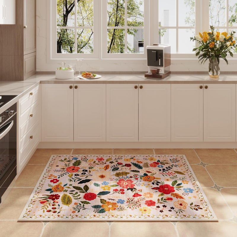 Rugcomf Door Mat Indoor Entrance 2x3 Rug Machine Washable Boho Floral Small Area Rug Non-Slip Low Pile Throw Rugs for Entryway, Kitchen, Front Door Indoor Entrance, Entry, Kids Room (Beige) - Image 5