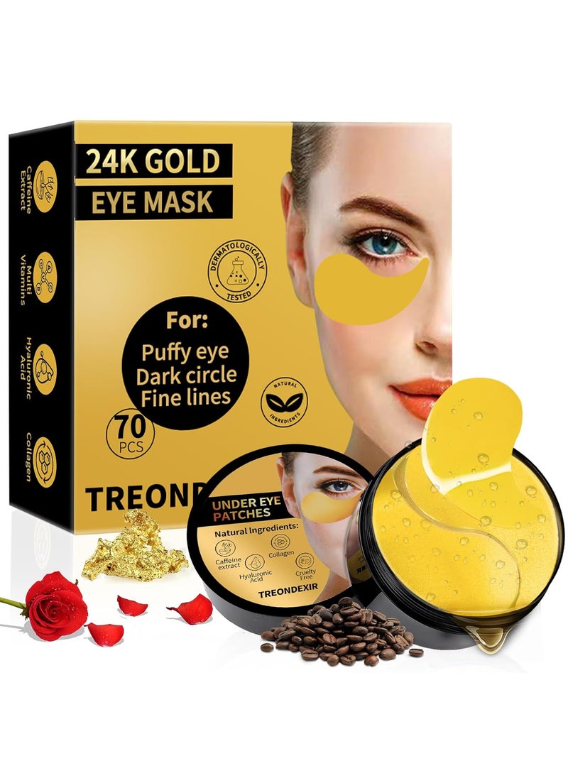 Treondexir - 24K Gold Eye Masks for Dark Circles and Puffiness 70PCS Under Eye Patches Gel Pads for Puffy Eyes Treatment wCollagen Caffeine Peptides for Eye Bags Treatment Gel Eye Mask Skincare - Image 1