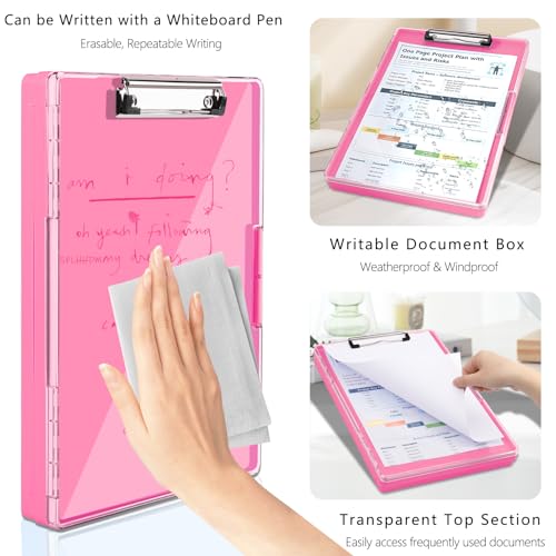 SFLHHDM Clipboard with Storage,Heavy Duty Clip Boards 8.5x11 with 2 Storage Case,Clear Visible Top Panel Storage Clipboards,Side Opening Clip Boards,Nursing Clipboard Folder Case for Office Supplies-Pink - Image 4