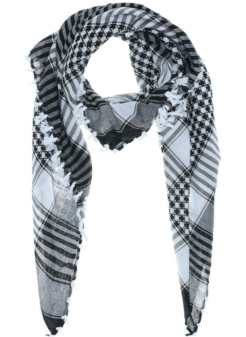 Scarf Collections - Plaid Houndstooth/Check/Carreau/Stripe Pattern Cotton Arabic Shemagh Palestine/Arafat Scarf/Shawl/Wrap/Keffiyeh/Headscarf/Blanket For Men & Women - One Size 120x120cm - P03 Black / White - Image 1
