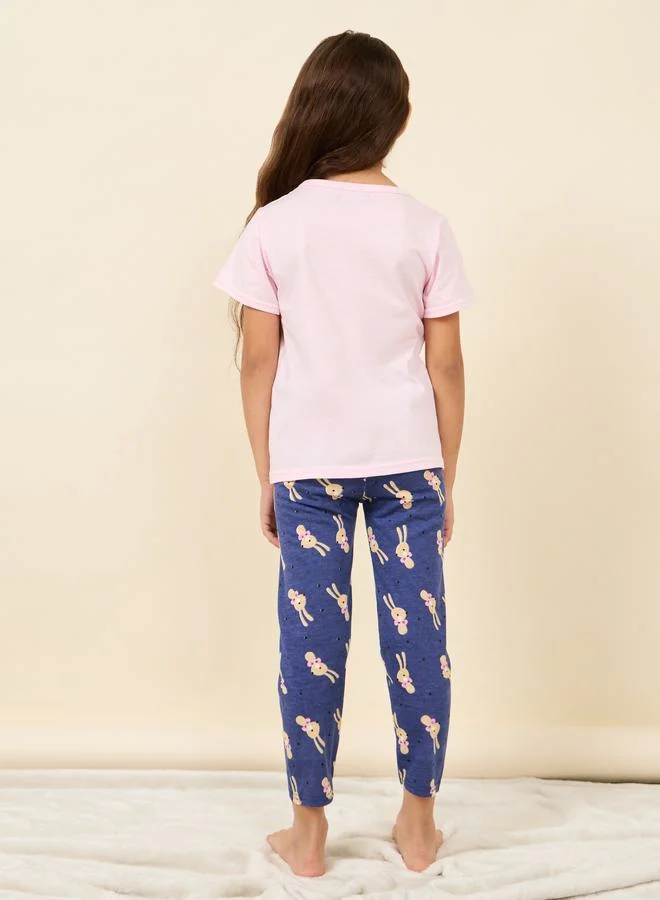 Styli Cartoon Printed T-shirt and AOP Pyjama Set