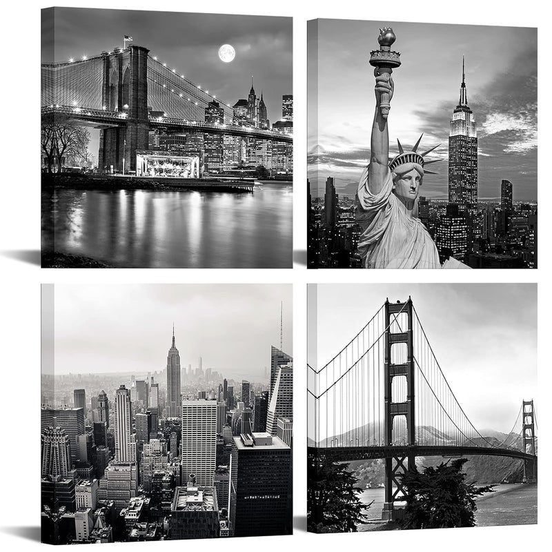 LevvArts Live Art Decor Modern Black and White York Wall Art Brooklyn Bridge Empire State Building Golden Gate Bridge Statue of Liberty Picture on Canvas Print Painting Wall Decoration Framed