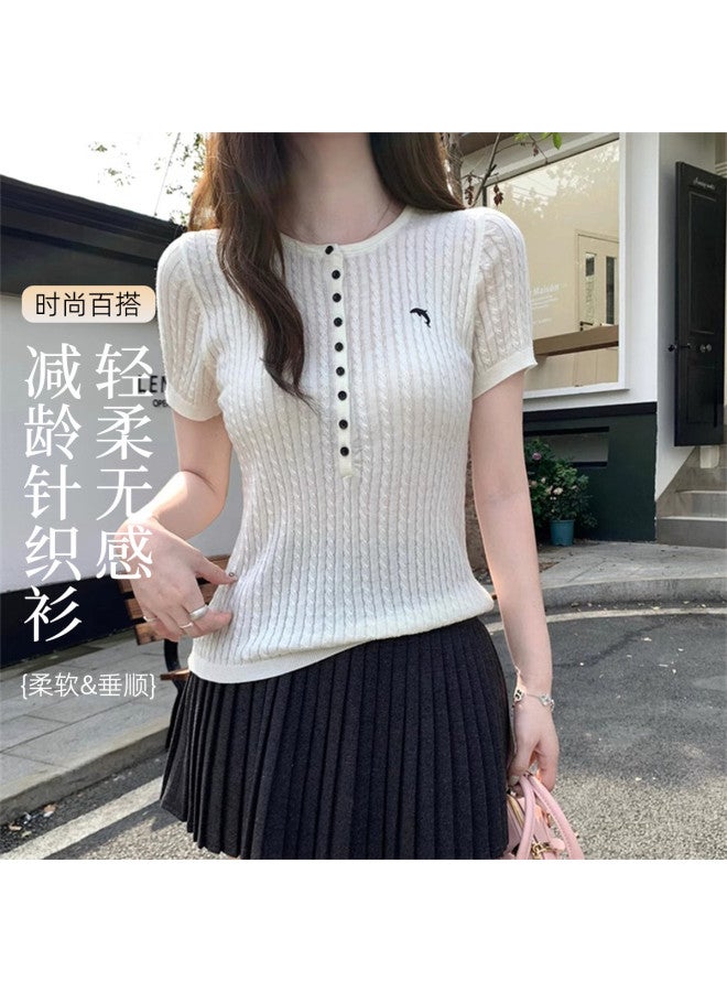 Modal Simple Design Buttoned Half-Open Retro Cable Knit Short-Sleeved Top, Wearable As Outerwear For Women - Image 2