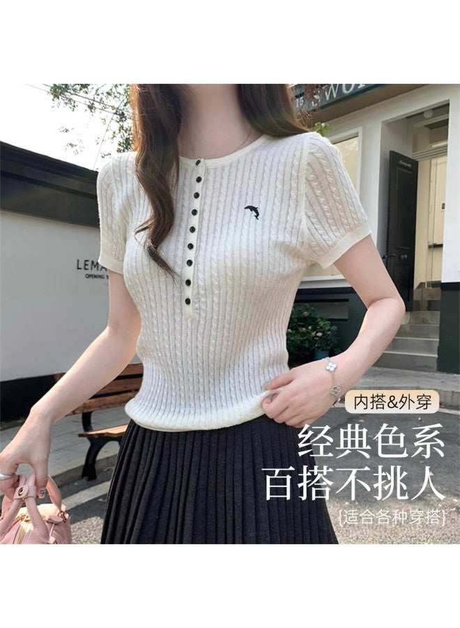 Modal Simple Design Buttoned Half-Open Retro Cable Knit Short-Sleeved Top, Wearable As Outerwear For Women - Image 3