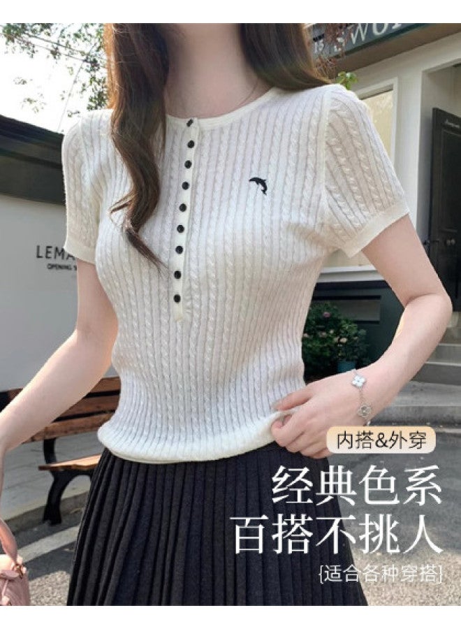 Modal Simple Design Buttoned Half-Open Retro Cable Knit Short-Sleeved Top, Wearable As Outerwear For Women - Image 1