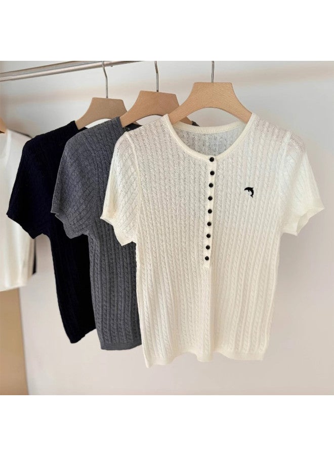 Modal Simple Design Buttoned Half-Open Retro Cable Knit Short-Sleeved Top, Wearable As Outerwear For Women - Image 4