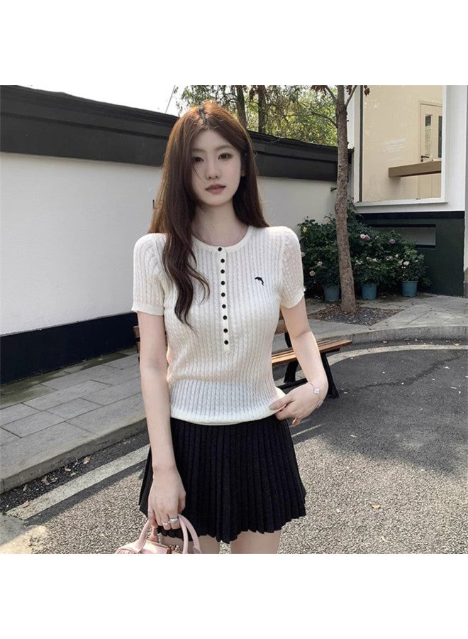 Modal Simple Design Buttoned Half-Open Retro Cable Knit Short-Sleeved Top, Wearable As Outerwear For Women - Image 5