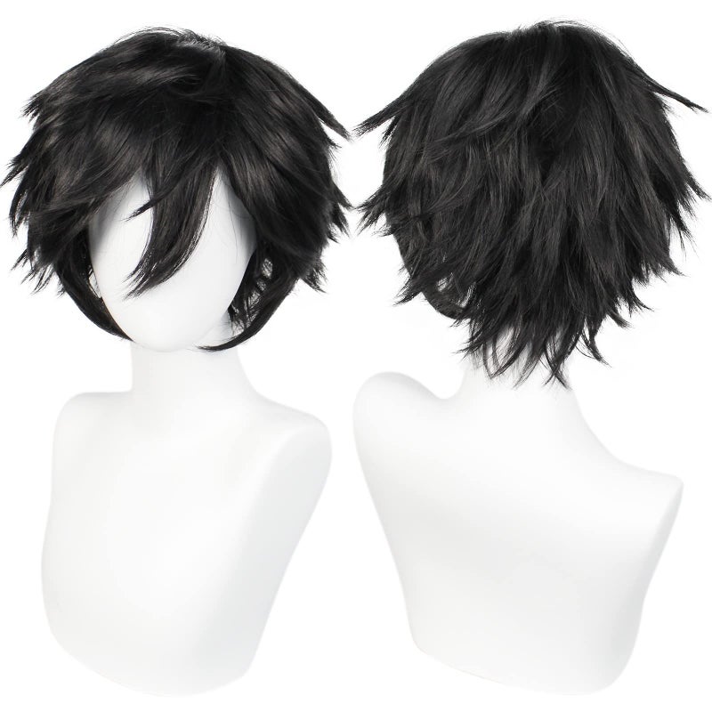 ANOGOL Hair Cap Short Black Wig for Men Short Black Mens Wigs for Cosplay Black Anime Cosplay Wig Layered Black Party Wigs with Bangs for Halloween Costume Christmas Peluca Negra Synthetic Hair