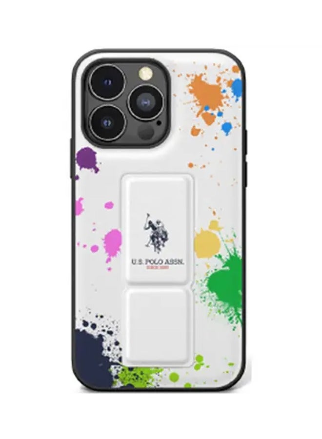 iPhone 15 Pro For PU Leather Gripstand with Paint White Pattern Case - White