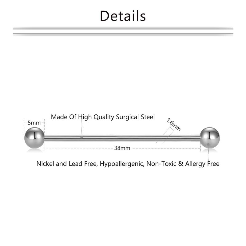 Mayhoop 14G Stainless Steel Industrial Barbell Earring Cartilage Body Piercing Jewelry 38mm 1&1/2 Inch Industrial Piercing Bar - Image 2