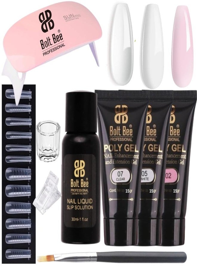 Bolt Bee Professional Poly Gel Nail Extension Kit with UV/LED Mini Lamp, 3 Colors, Clear White Pink, 15g Each, Slip Solution, Dual Forms, Brush, Dappen Dish, for Acrylic Extensions, DIY Salon Use - Image 1