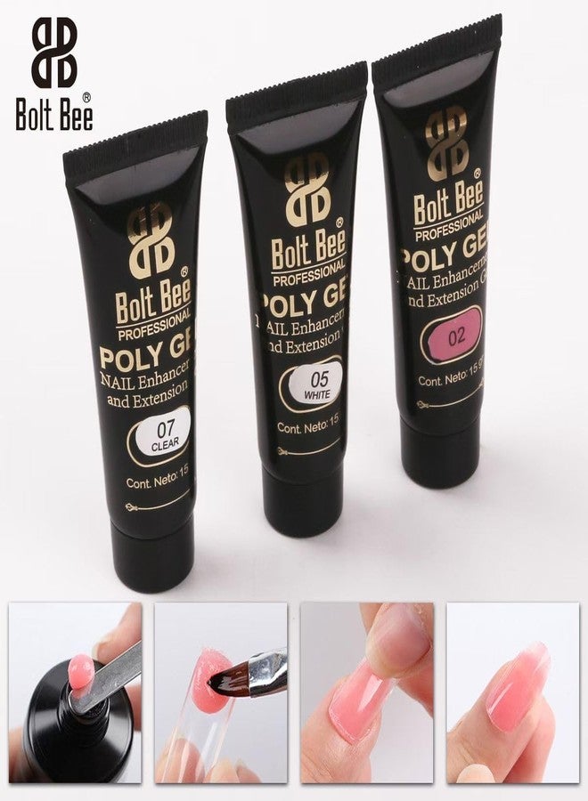 Bolt Bee Professional Poly Gel Nail Extension Kit with UV/LED Mini Lamp, 3 Colors, Clear White Pink, 15g Each, Slip Solution, Dual Forms, Brush, Dappen Dish, for Acrylic Extensions, DIY Salon Use - Image 3