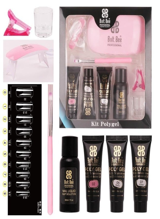 Bolt Bee Professional Poly Gel Nail Extension Kit with UV/LED Mini Lamp, 3 Colors, Clear White Pink, 15g Each, Slip Solution, Dual Forms, Brush, Dappen Dish, for Acrylic Extensions, DIY Salon Use - Image 5