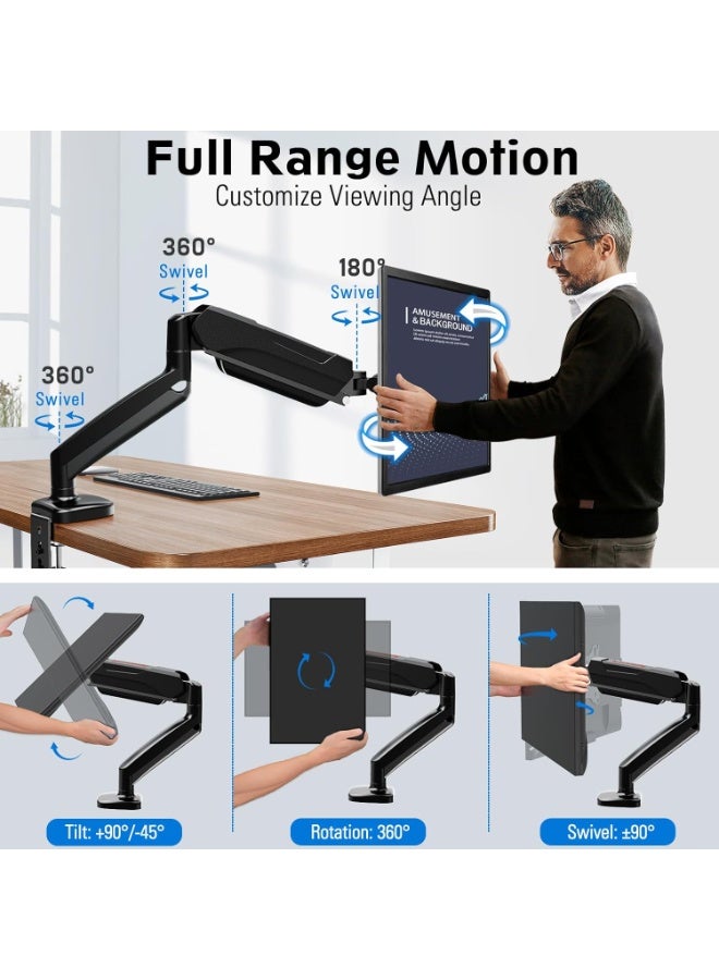 حامل شاشة فردي GMK914 - أذرع قابلة للتعديل بنابض غاز مع VESA 75/100 مم، متوافق مع شاشات مقاس 13-32 بوصة، قاعدة مشبك C وحلقة تثبيت، إدارة الكابلات، سعة تحميل 17.6 رطل