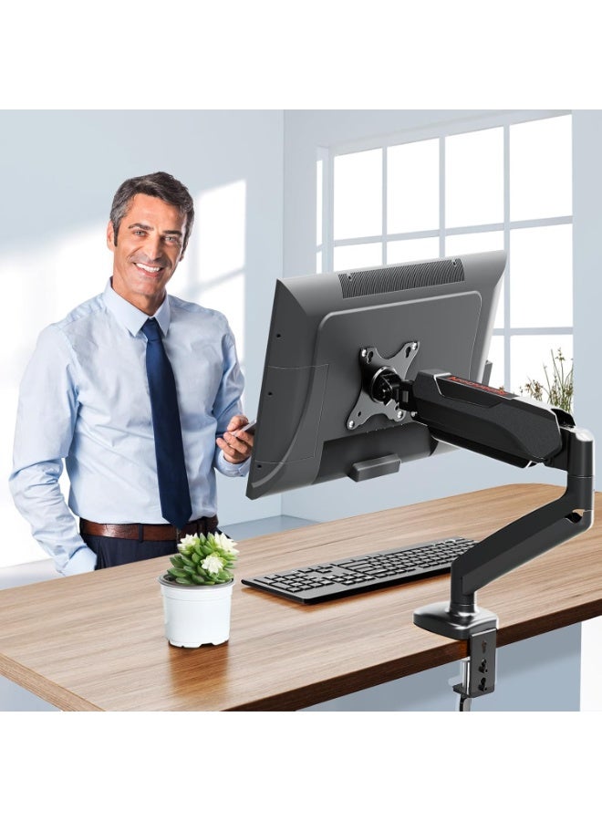 حامل شاشة فردي GMK914 - أذرع قابلة للتعديل بنابض غاز مع VESA 75/100 مم، متوافق مع شاشات مقاس 13-32 بوصة، قاعدة مشبك C وحلقة تثبيت، إدارة الكابلات، سعة تحميل 17.6 رطل