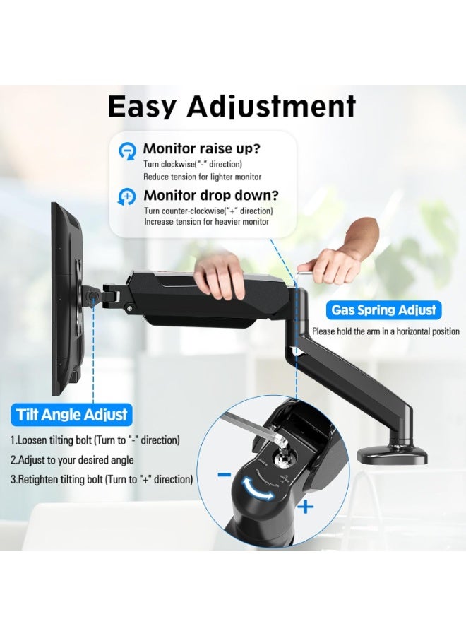 حامل شاشة فردي GMK914 - أذرع قابلة للتعديل بنابض غاز مع VESA 75/100 مم، متوافق مع شاشات مقاس 13-32 بوصة، قاعدة مشبك C وحلقة تثبيت، إدارة الكابلات، سعة تحميل 17.6 رطل