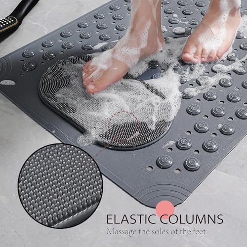 JUGTE Anti Slip Bath Mat with with Foot Scrubber Rubber Bathroom Mat for Floor, Non-Slip Shower Mat with Drain Holes, Quick Dry Soft Foot Massage Mat for Bathroom, Kitchen & Entrance (70x35 Cm,Grey) - Image 2