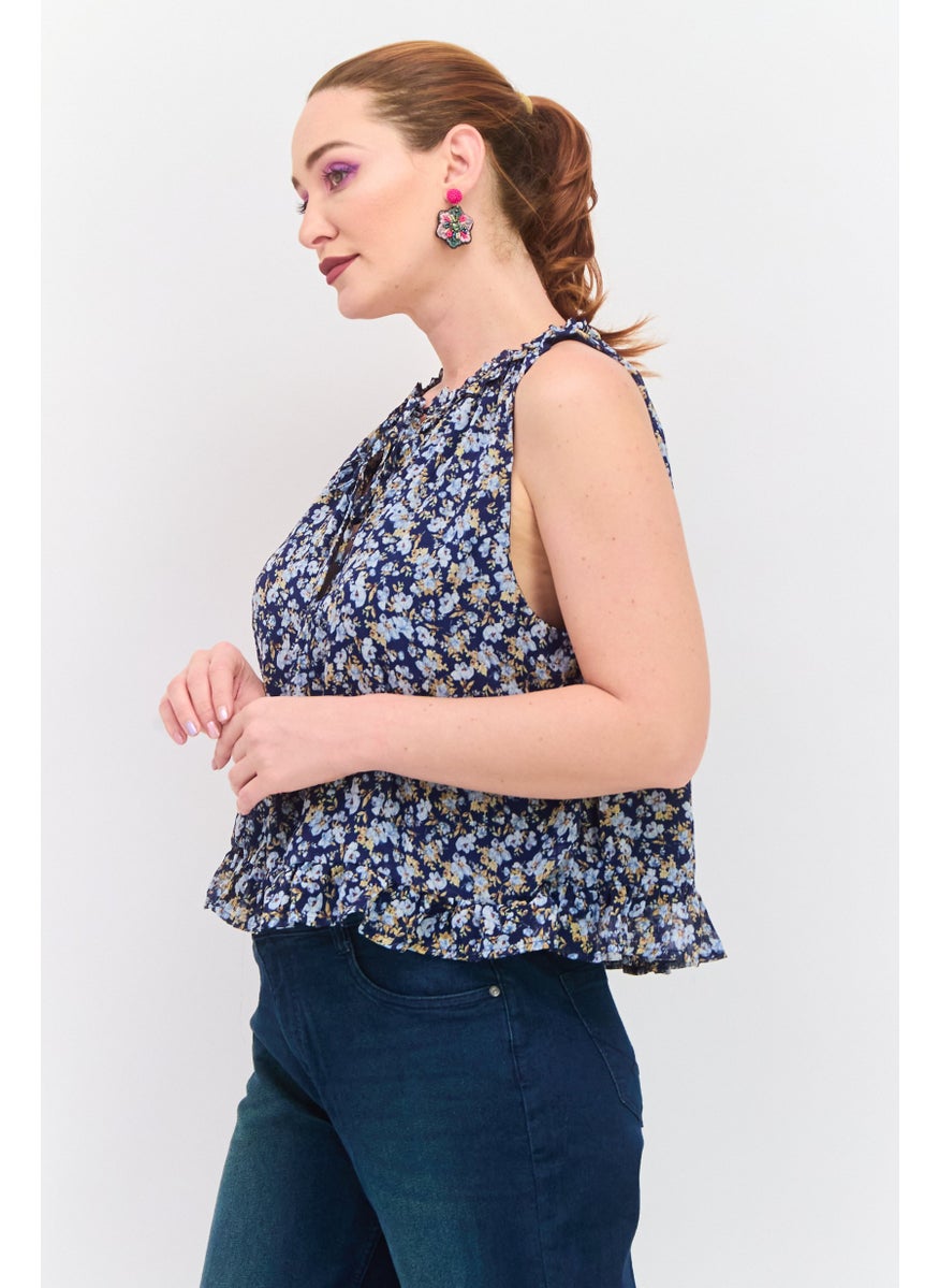 Women Tie Neck Sleeveless Floral Print Tank Top, Navy Blue Combo - pzsku/Z79FC220C7A51CDE83B77Z/45/_/1737641950/9e636fbc-e500-484e-8d7f-9f7bde651353