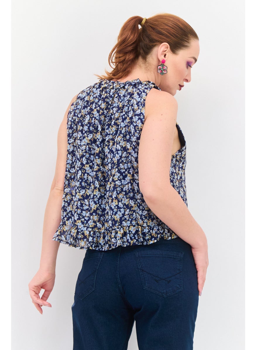 Women Tie Neck Sleeveless Floral Print Tank Top, Navy Blue Combo - pzsku/Z79FC220C7A51CDE83B77Z/45/_/1737641994/fffd67a8-381e-43cc-84c7-61f2963fe258