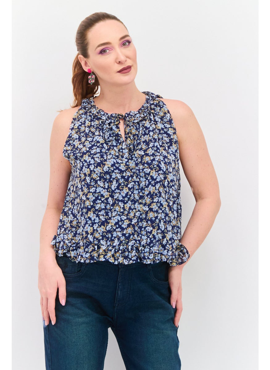 Women Tie Neck Sleeveless Floral Print Tank Top, Navy Blue Combo - pzsku/Z79FC220C7A51CDE83B77Z/45/_/1737641997/16dc64fd-1daa-4ad5-b671-68589b7bac96