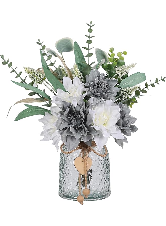 erorex Faux Flowers With Vase Artificial Silk Flowers In Vase Fake Plant Eucalyptus And Willow Flower Arrangement For Home Farmhouse Kitchen Dining Table Centerpiece Decorations Table Decor Grey Blue - Image 1