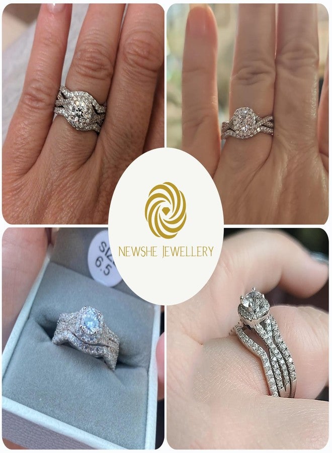 نيو شي جولري طقم خواتم خطوبة وزفاف من نيوشي للمجوهرات، مرصع بالزركونيا المكعبة، مصنوع من الفضة الإسترليني عيار 925، 3 قطع، دائري أبيض، مناسب للسفر والذكرى السنوية، مقاس 8.5 - Image 3