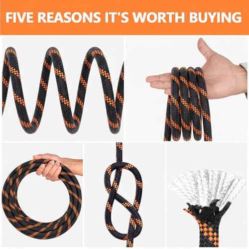 X XBEN Braided Polyester Arborist Rope 1/2 inch X 120ft, 48 Strands, 12 inner core,5174 LBS Breaking Strength Outdoor Ropes, Arborist Rigging Code for Rock Hiking Camping Swing Tree,Black Rescue,Black - Image 5