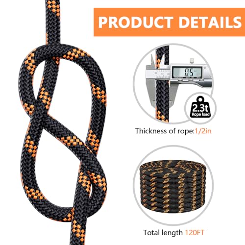 X XBEN Braided Polyester Arborist Rope 1/2 inch X 120ft, 48 Strands, 12 inner core,5174 LBS Breaking Strength Outdoor Ropes, Arborist Rigging Code for Rock Hiking Camping Swing Tree,Black Rescue,Black - Image 4