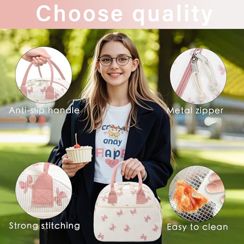 Carry bloom Lunch Box for Women, Insulated Lunch Bag Cute Corduroy Lunchbag Reusable Lunchbox for Work (bow pink upgraded) - Image 5