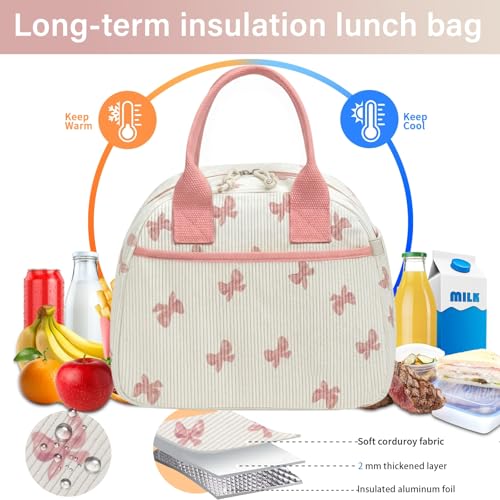 Carry bloom Lunch Box for Women, Insulated Lunch Bag Cute Corduroy Lunchbag Reusable Lunchbox for Work (bow pink upgraded) - Image 3