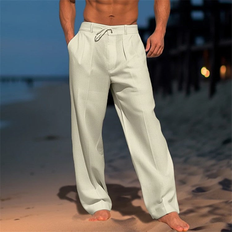 Generic 2025 Mens Linen Trousers Summer Beach Pants Front Pocket