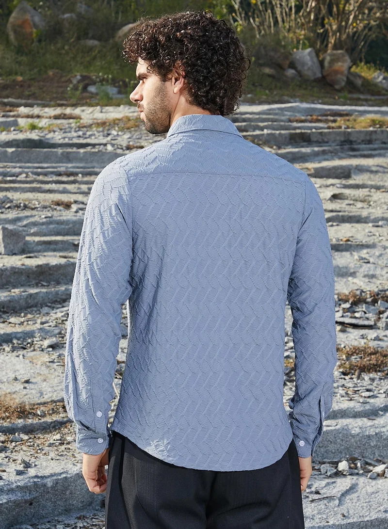 Campus Sutra Men's Cornflower Blue Herringbone-Tactile Shirt