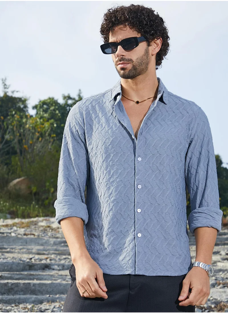 Campus Sutra Men's Cornflower Blue Herringbone-Tactile Shirt