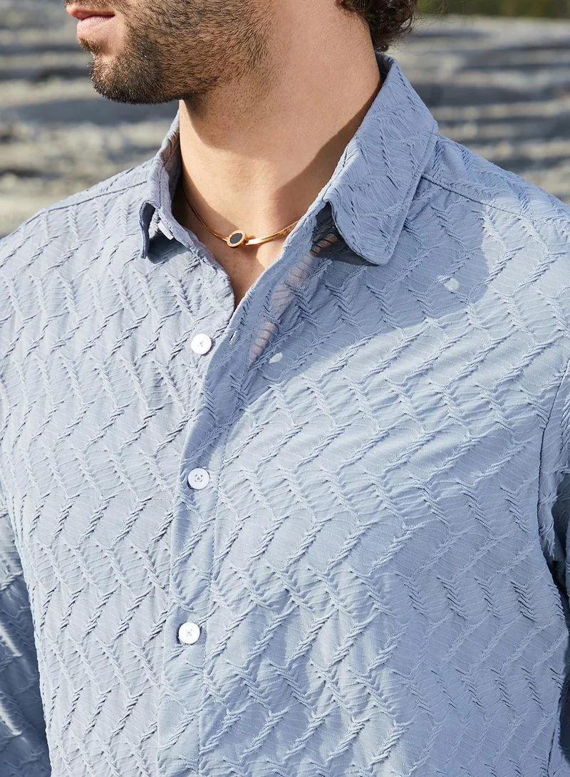 Campus Sutra Men's Cornflower Blue Herringbone-Tactile Shirt