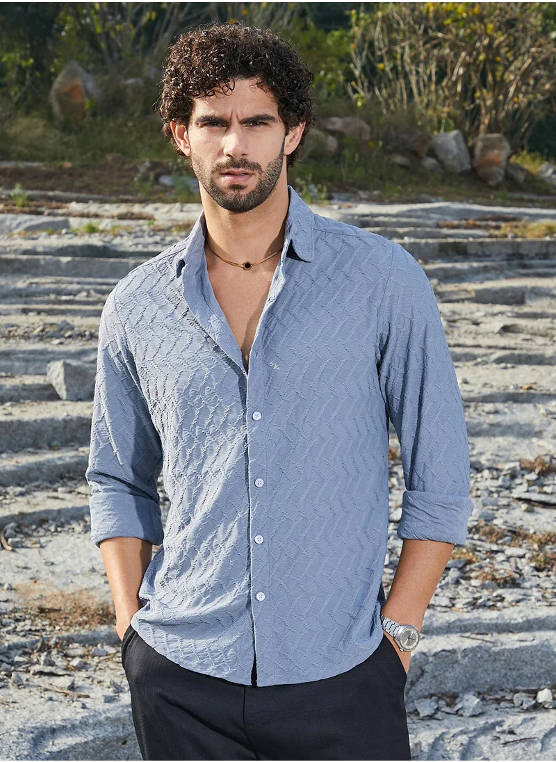 Campus Sutra Men's Cornflower Blue Herringbone-Tactile Shirt