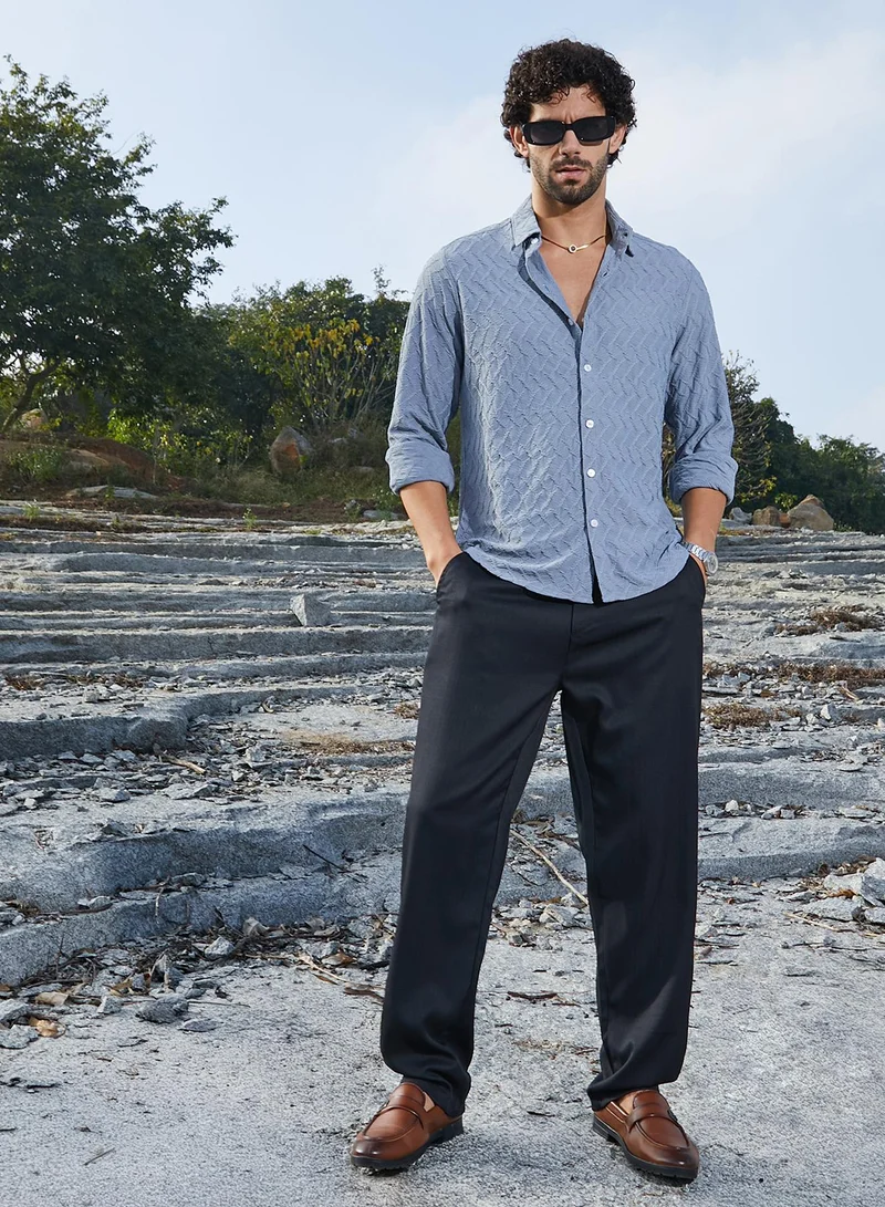 Campus Sutra Men's Cornflower Blue Herringbone-Tactile Shirt