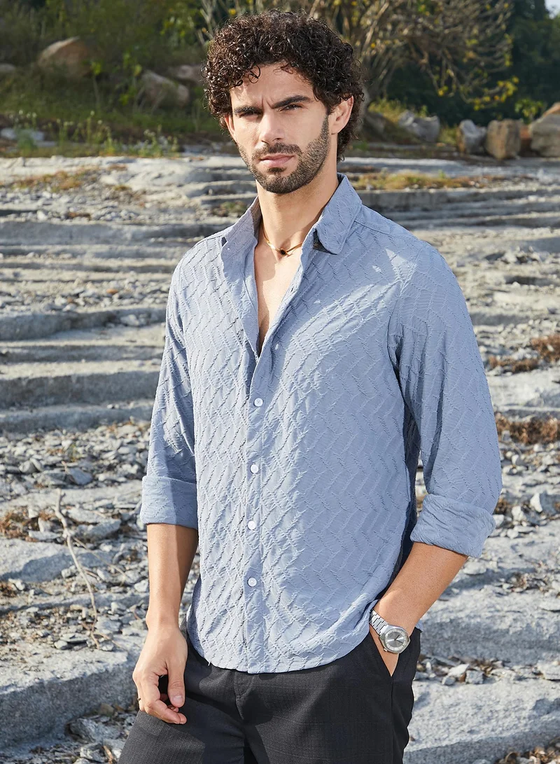 Campus Sutra Men's Cornflower Blue Herringbone-Tactile Shirt