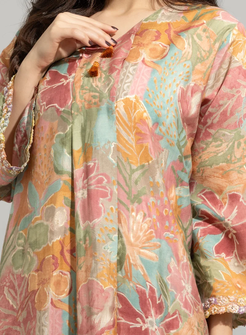 IKKXA Colorful Patterns Hand Embroidered Jalabiya IN9052 Peach