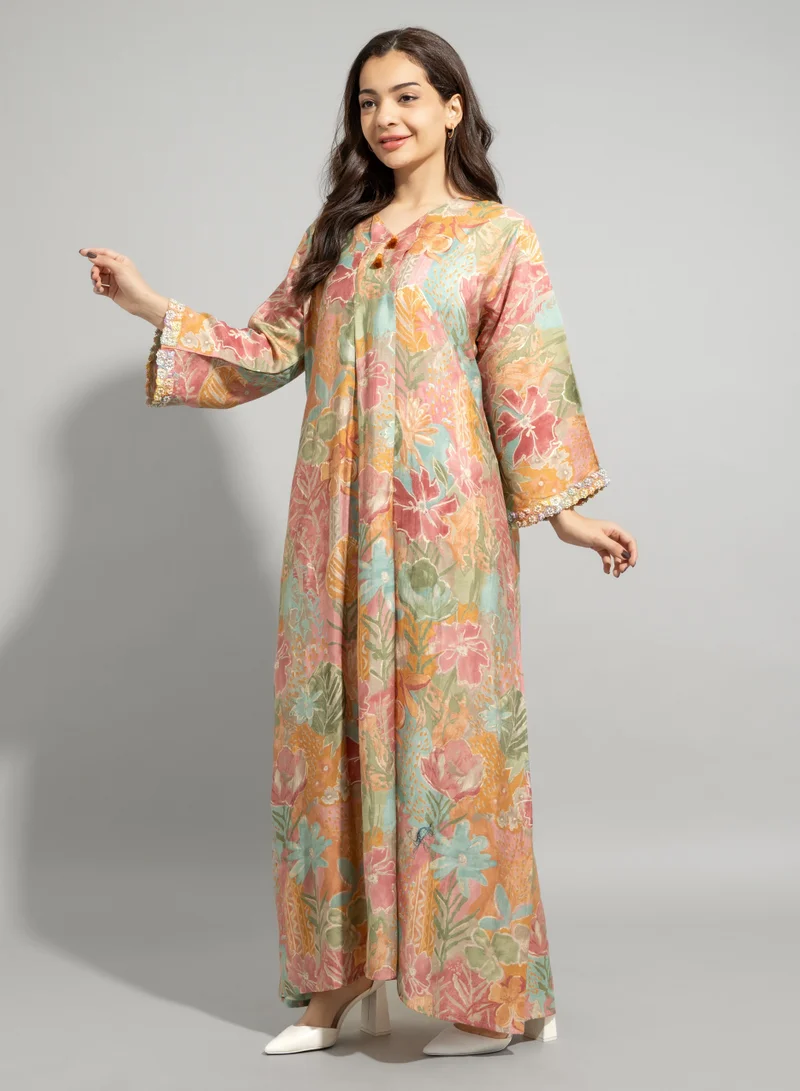 IKKXA Colorful Patterns Hand Embroidered Jalabiya IN9052 Peach