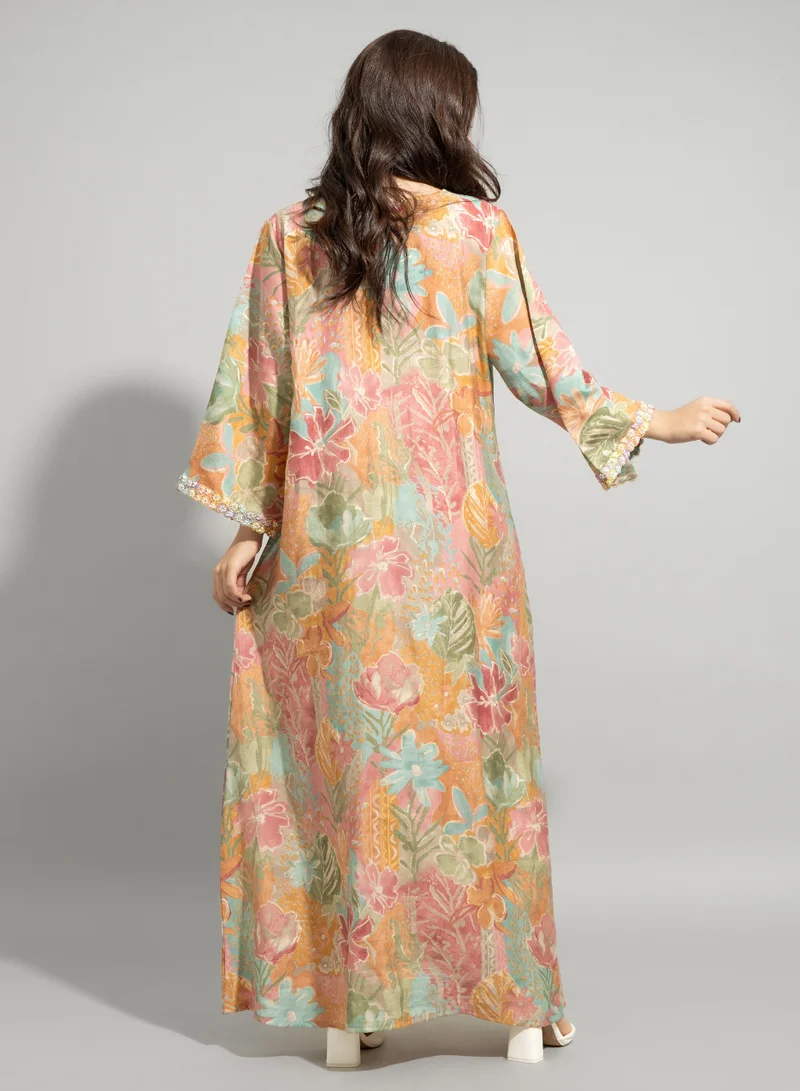 IKKXA Colorful Patterns Hand Embroidered Jalabiya IN9052 Peach