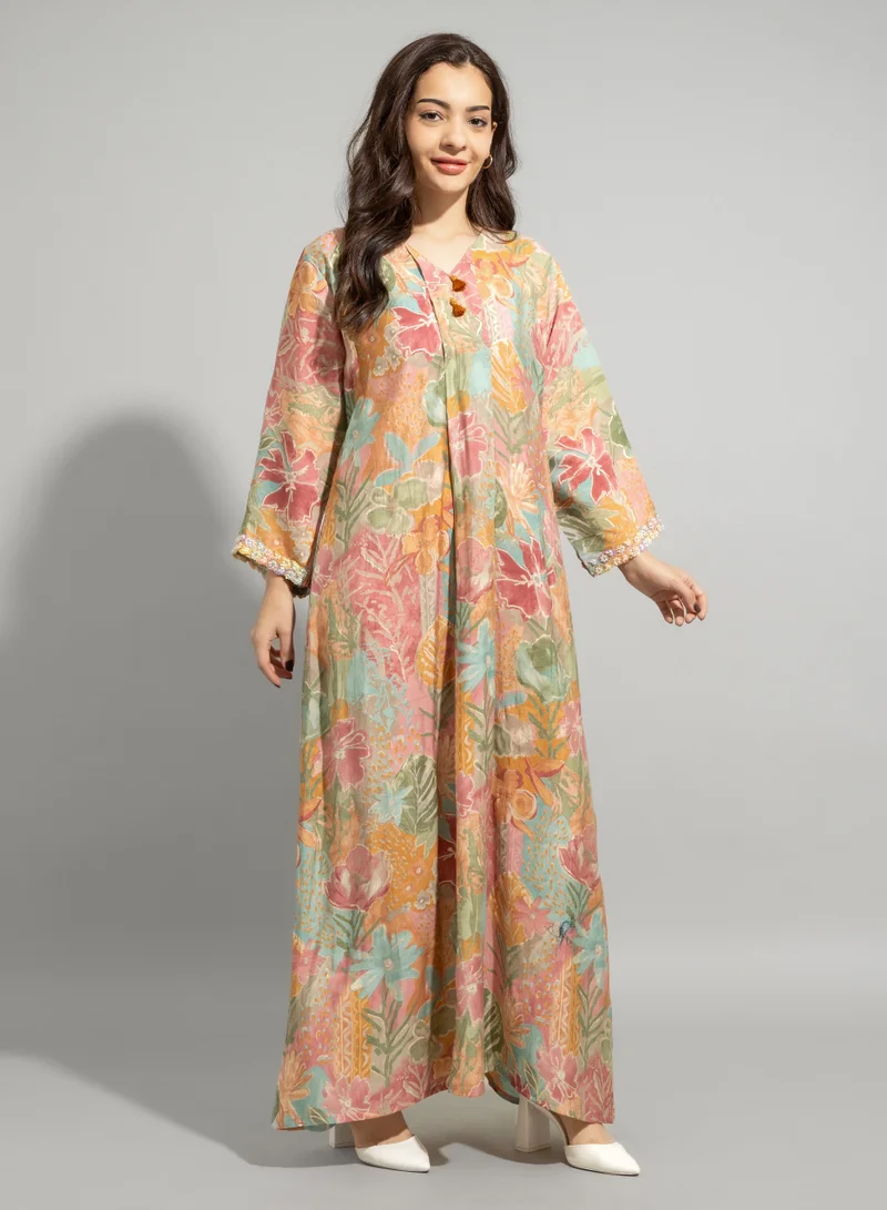 IKKXA Colorful Patterns Hand Embroidered Jalabiya IN9052 Peach
