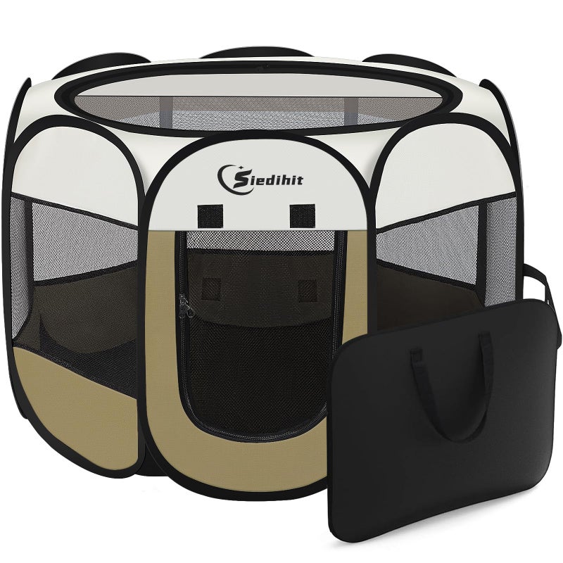 Siedihit Dog Cat Playpen, Small Puppy Pet Playpen, Dog Crate Tent Cage Indoor/Outdoor, Portable Pop Up Dogs Kennel Playpen with Carrying Case for Dogs/Cats/Rabbits(Khaki, Small) - Image 1